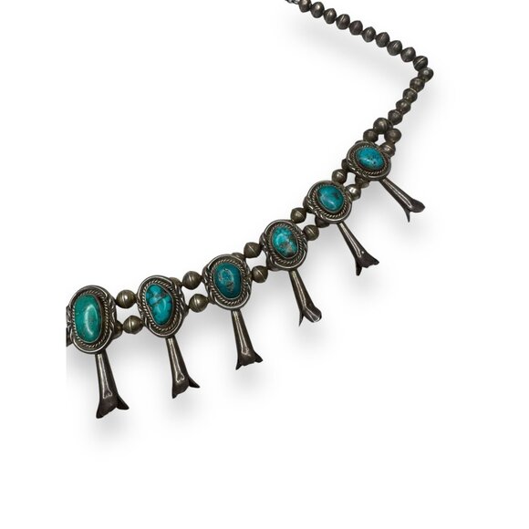 Native American Old Pawn Squash Blossom Necklace 26" Sterling Silver & Turquoise - Picture 5 of 16